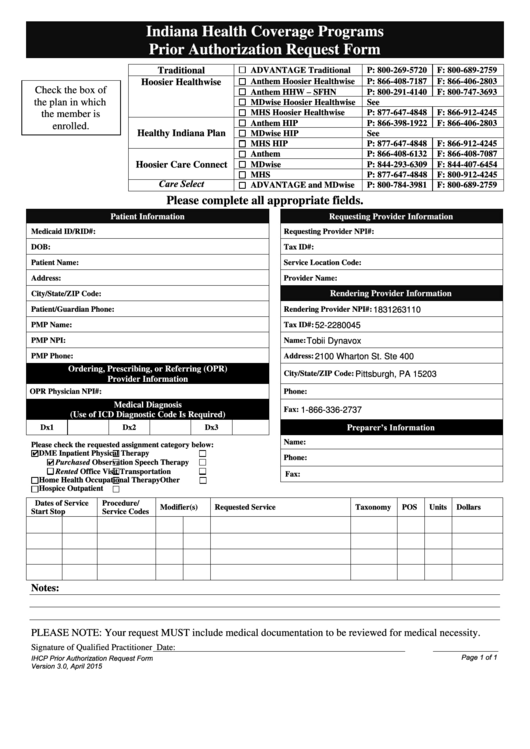 Fillable Indiana Health Coverage Programs Prior Authorization Request 