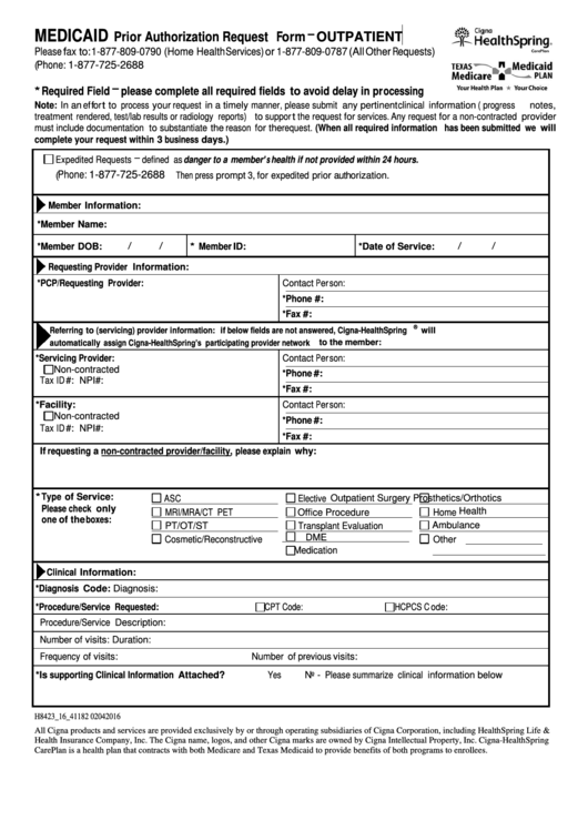 Fillable Medicaid Prior Authorization Request Form Outpatient Cigna 