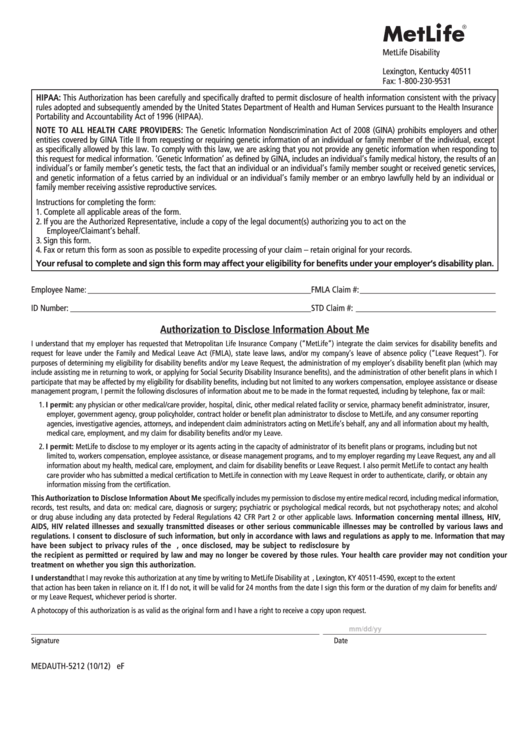 Fillable Metlife Authorization To Disclose Information About Me 