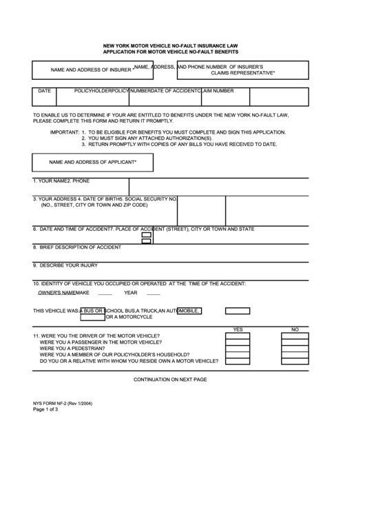 Fillable Nys Form Nf 2 New York Motor Vehicle No Fault Insurance Law