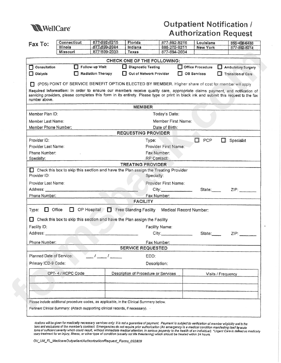 Fillable Outpatient Notification authorization Request Wellcare