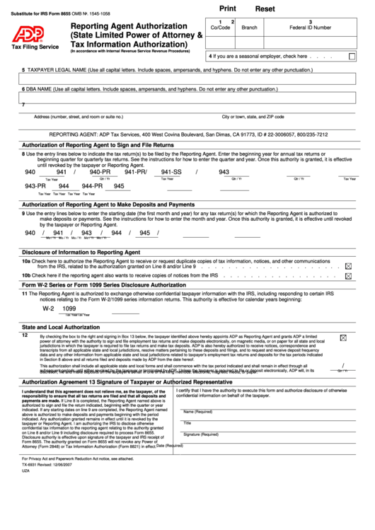 Fillable Substitute For Irs Form 8655 Reporting Agent Authorization