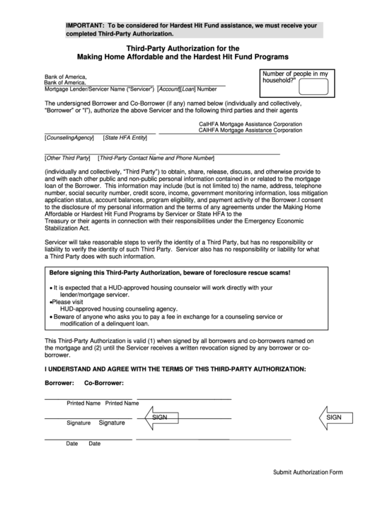Fillable Third Party Authorization Form For The Making Home Affordable 