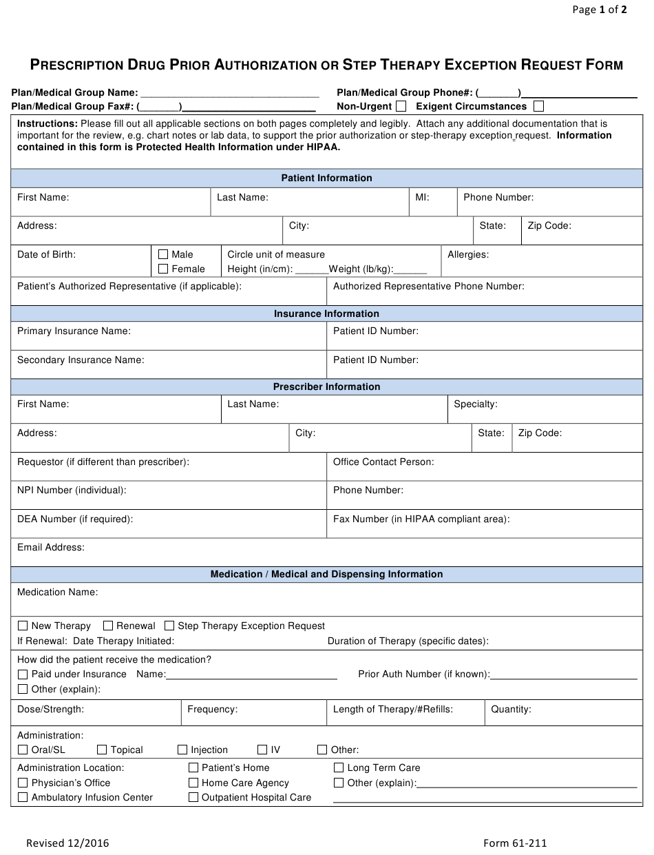 Form 61 211 Download Fillable PDF Or Fill Online Prescription Drug 