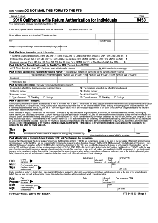 Form 8453 California E File Return Authorization For Individuals 