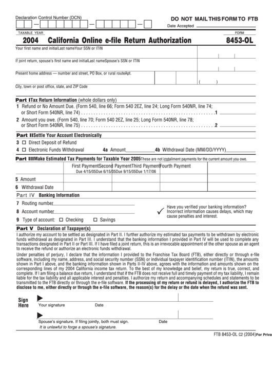 Form 8453 Ol California Online E File Return Authorization 2004