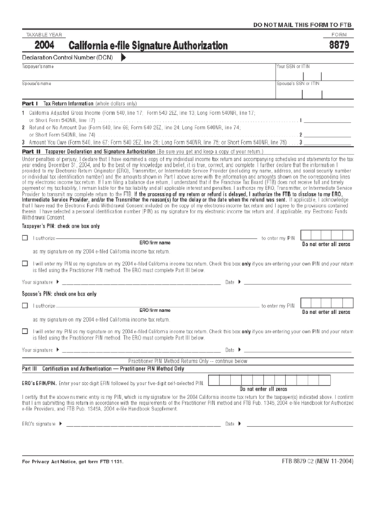 Form 8879 California E File Signature Authorization 2004 Printable 