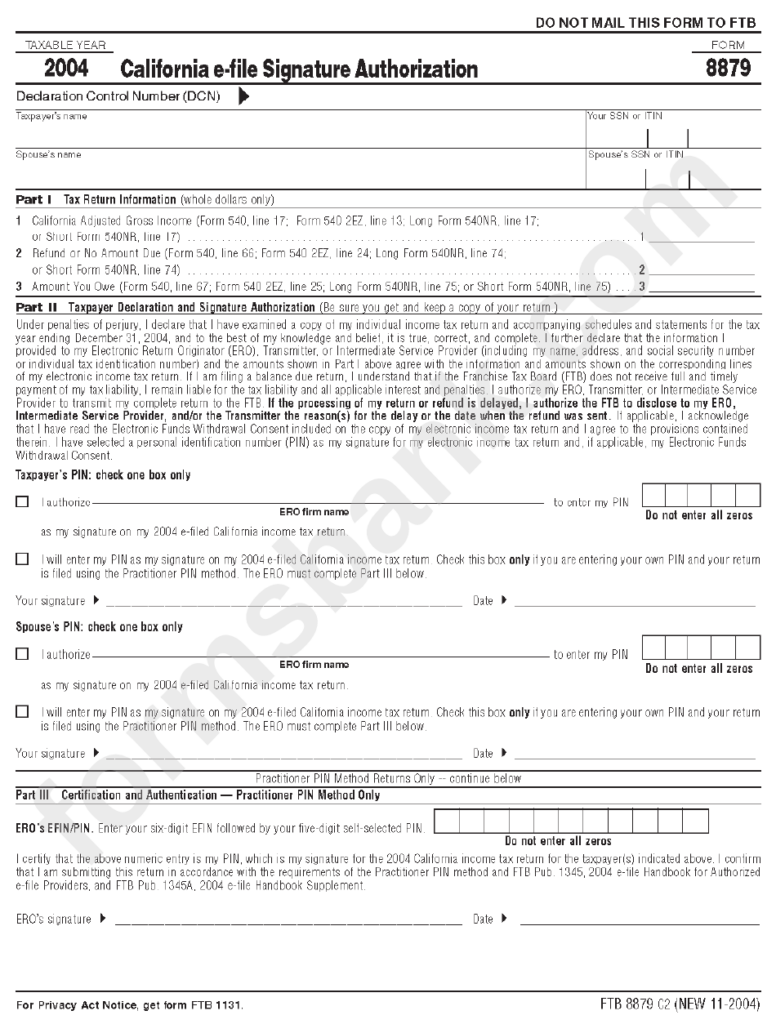 Form 8879 California E File Signature Authorization 2004 Printable 