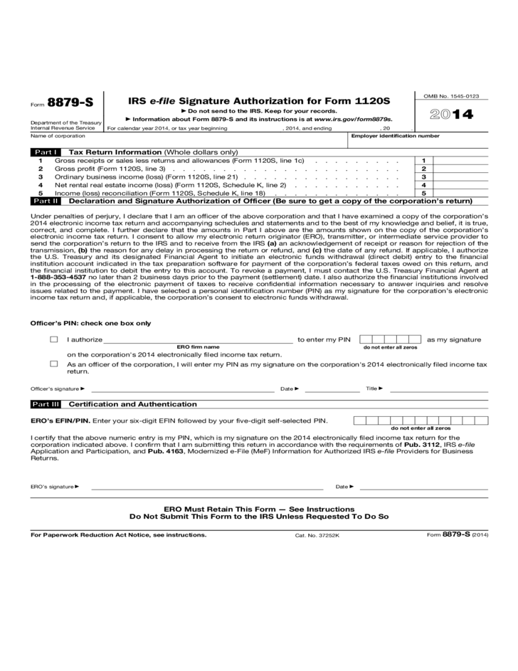 Form 8879 S IRS E file Signature Authorization For Form 1120S 2014 