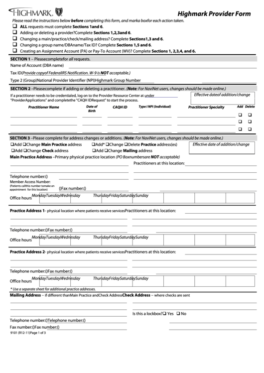 Form 9101 Highmark Provider Form Blue Cross Of Northeastern 