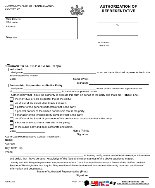 Form AOPC317 Download Fillable PDF Or Fill Online Authorization Of 