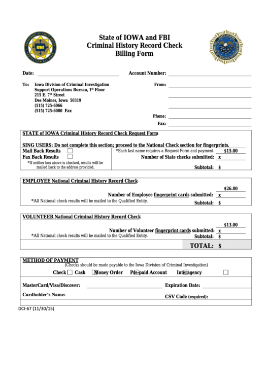 Form Dci 67 Criminal History Record Check Billing Form Iowa 