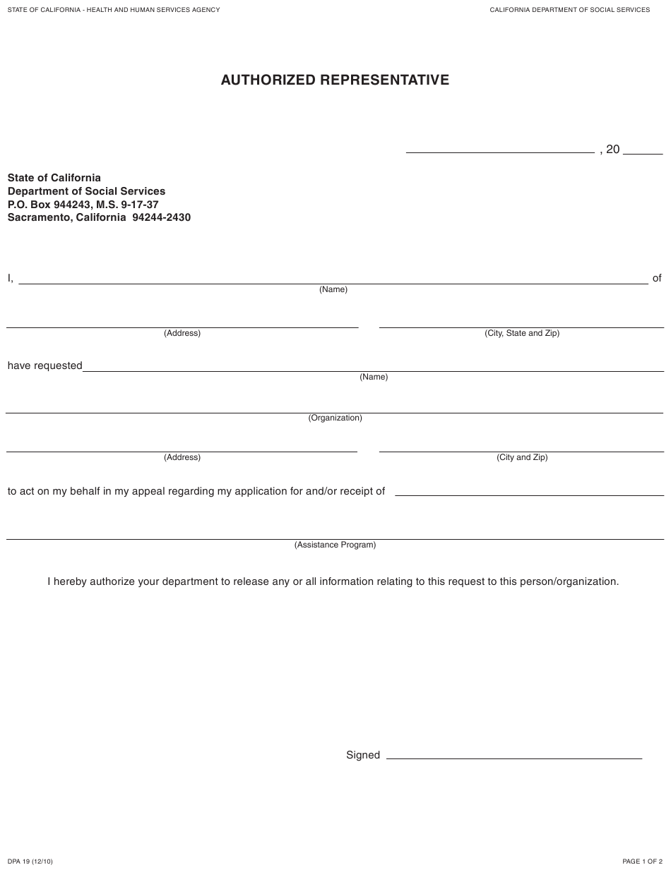 Form DPA19 Download Fillable PDF Or Fill Online Authorized 