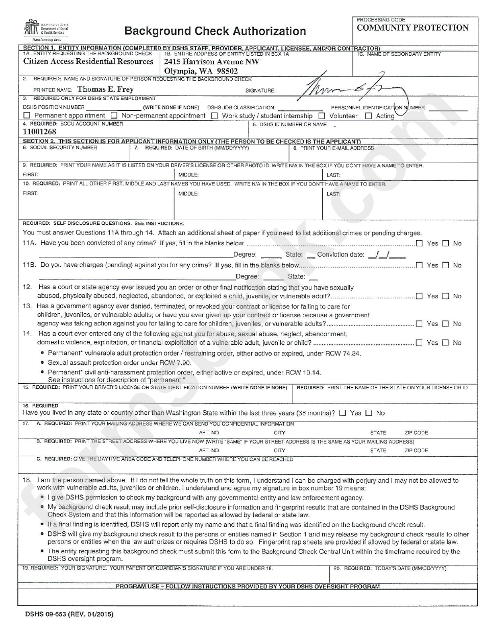 Form Dshs 09 553 Background Check Authorization Printable Pdf Download