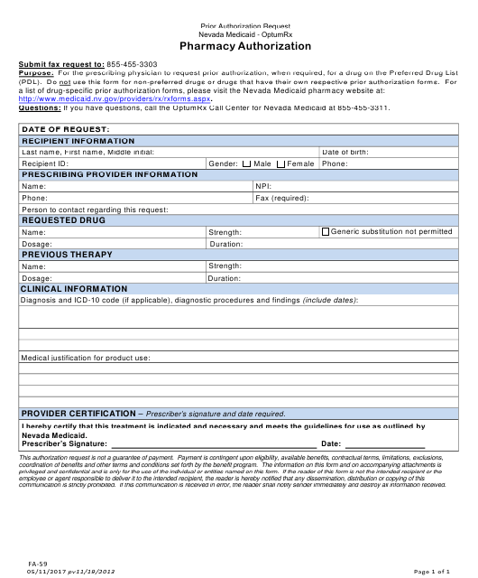 Form FA 59 Download Fillable PDF Or Fill Online Prior Authorization 