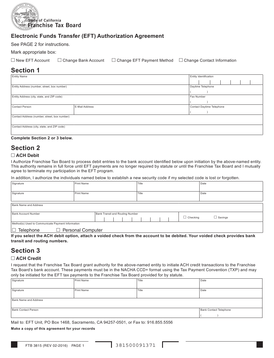 Form FTB3815 Download Fillable PDF Or Fill Online Electronic Funds 