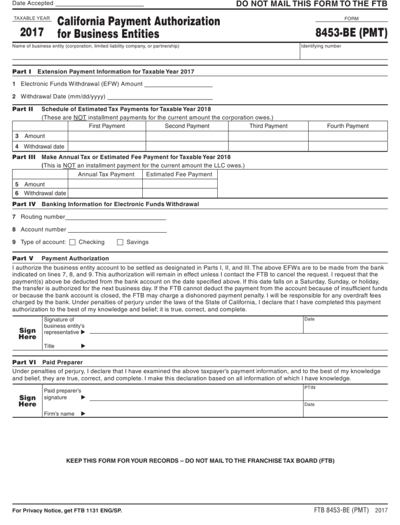 Form FTB8453 BE PMT Download Printable PDF Or Fill Online California 