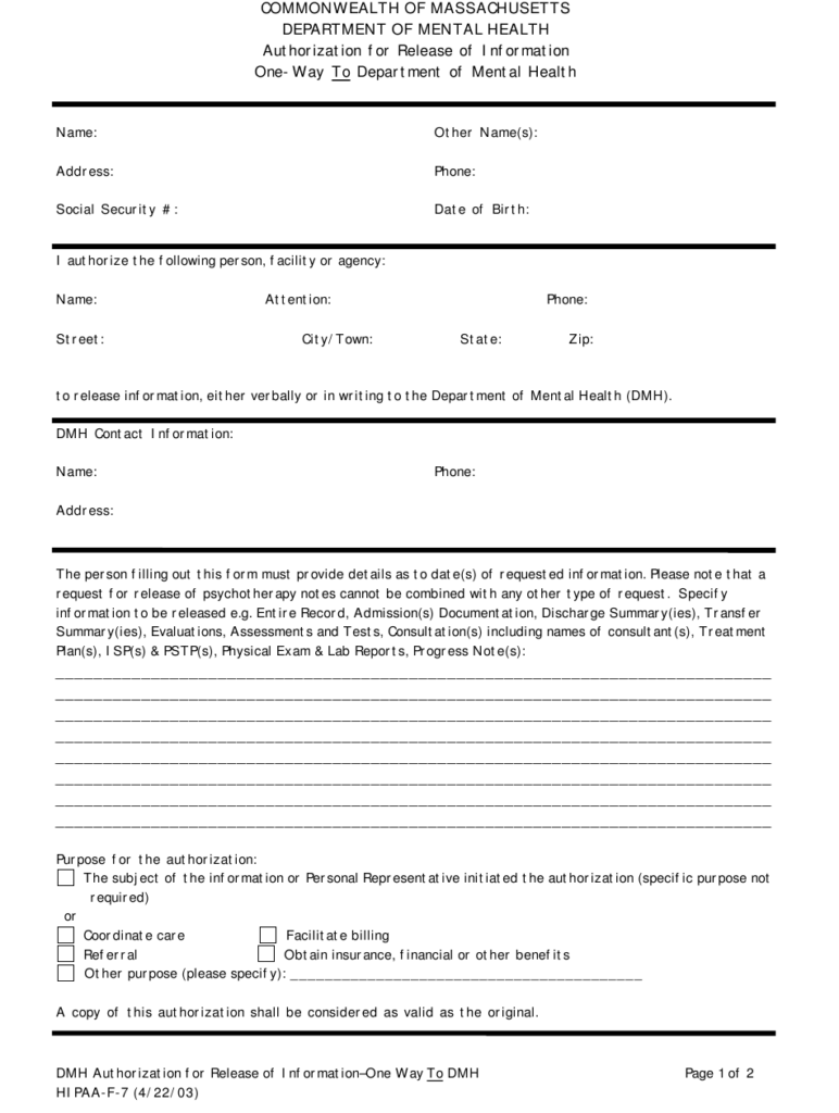 Form HIPAA F 7 Download Printable PDF Or Fill Online Authorization For 