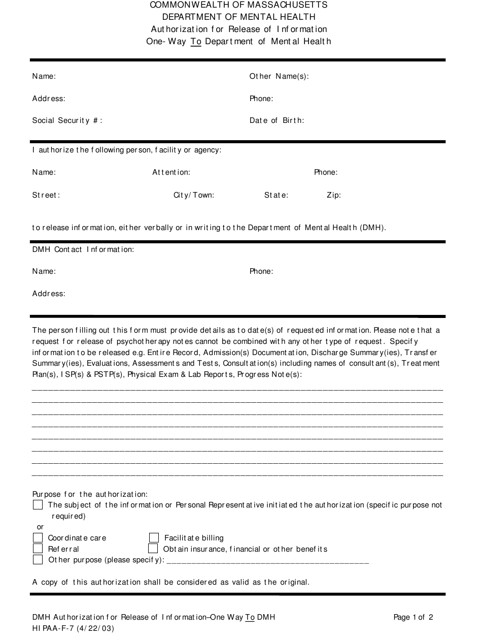 Form HIPAA F 7 Download Printable PDF Or Fill Online Authorization For