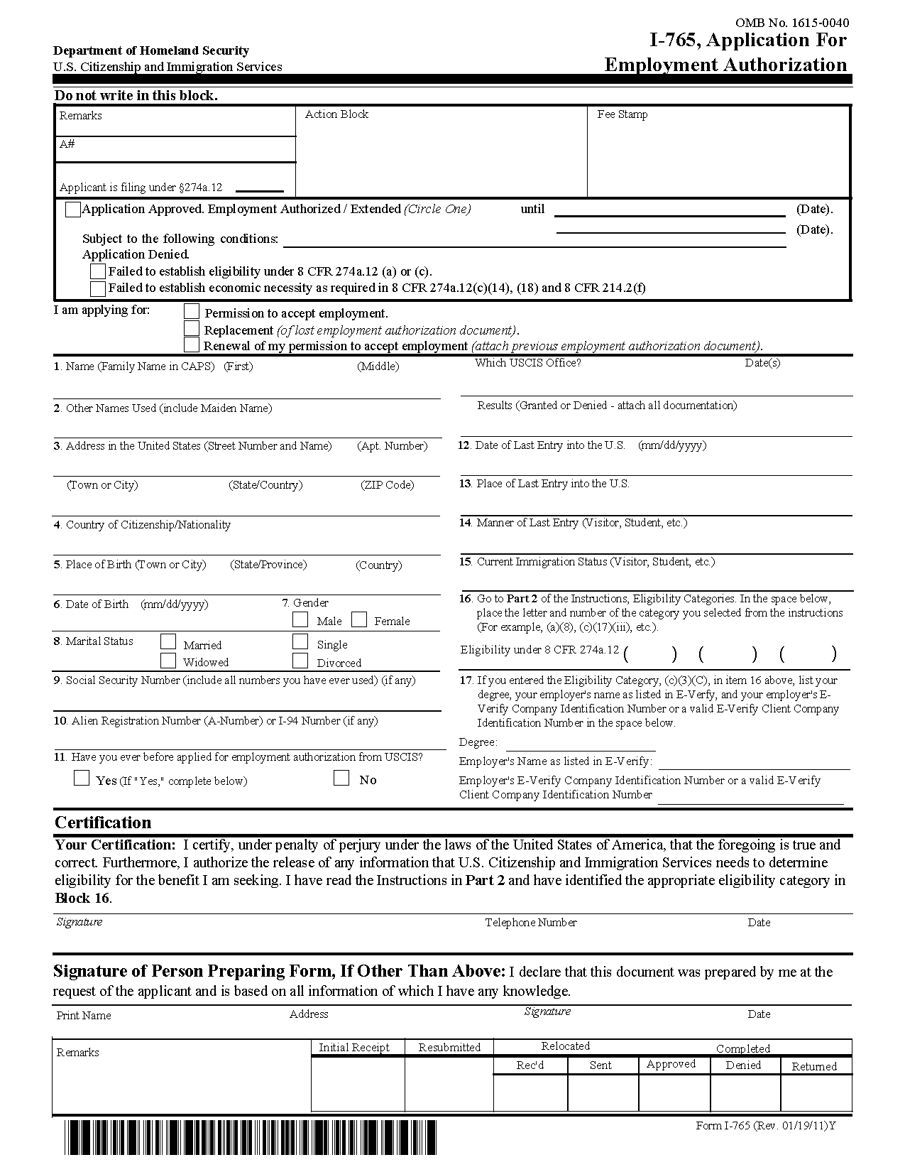 Form I 765 Application For Employment Authorization Employment Form