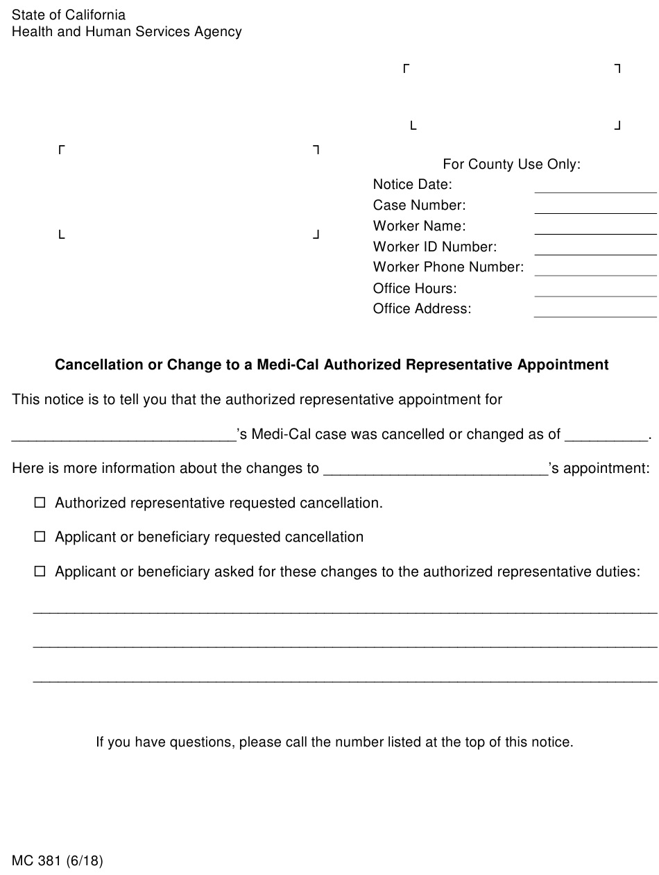 Form MC381 Download Fillable PDF Or Fill Online Cancellation Or Change 