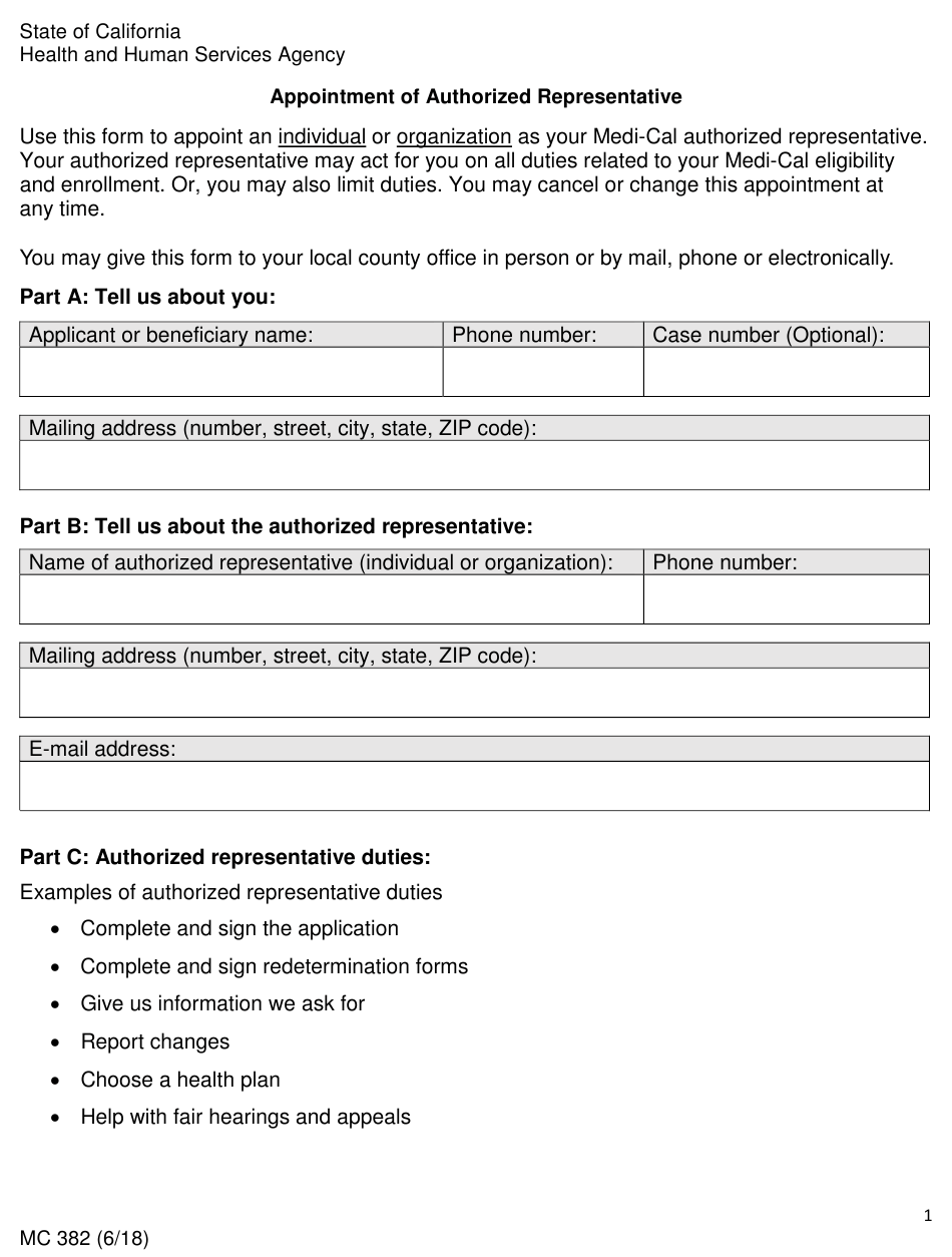 Form MC382 Download Fillable PDF Or Fill Online Appointment Of 