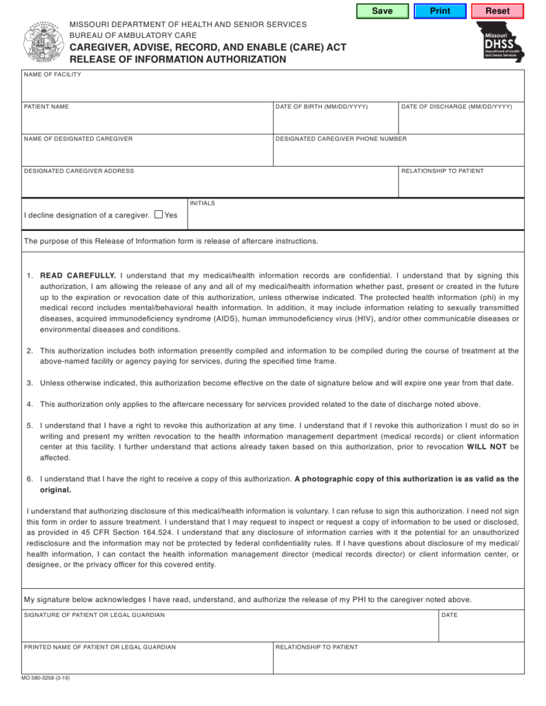 Form MO580 3258 Download Fillable PDF Or Fill Online Caregiver Advise 