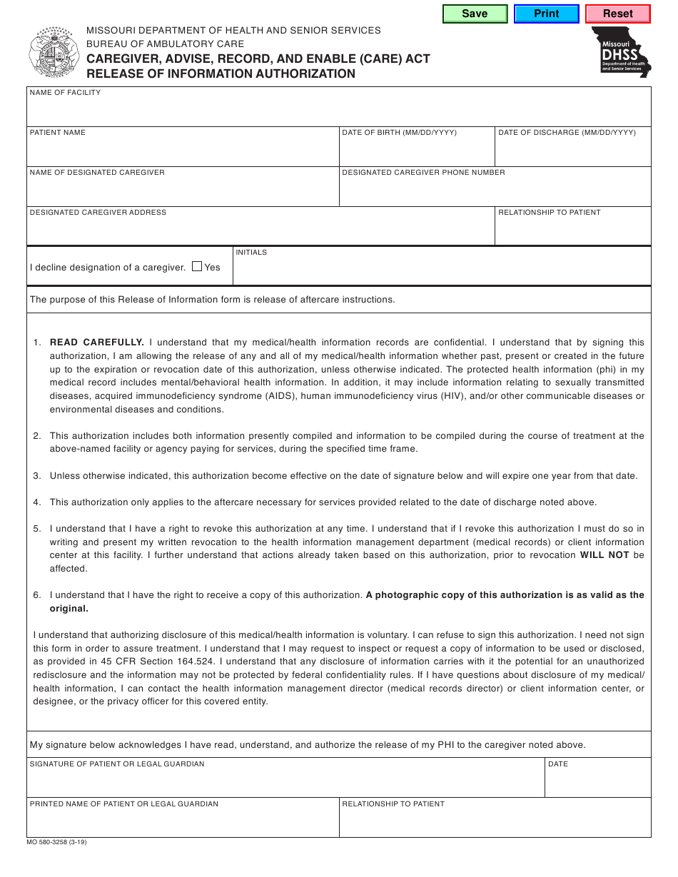 Form MO580 3258 Download Fillable PDF Or Fill Online Caregiver Advise 