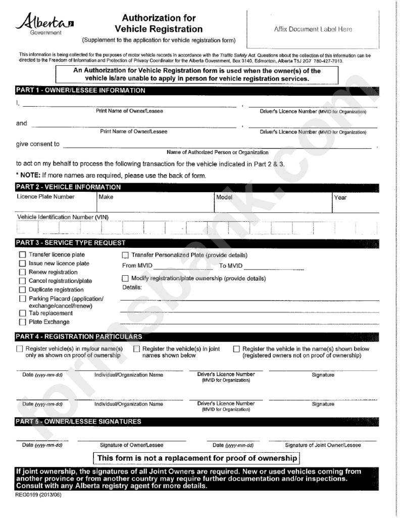 Form Reg0169 Authorization For Vehicle Registration Printable Pdf 