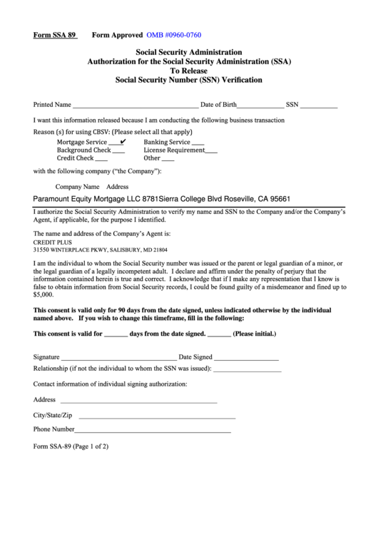 Form Ssa 89 Authorization For The Ssa To Release Social Security