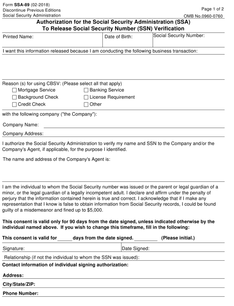 Form SSA 89 Download Fillable PDF Or Fill Online Authorization For The 