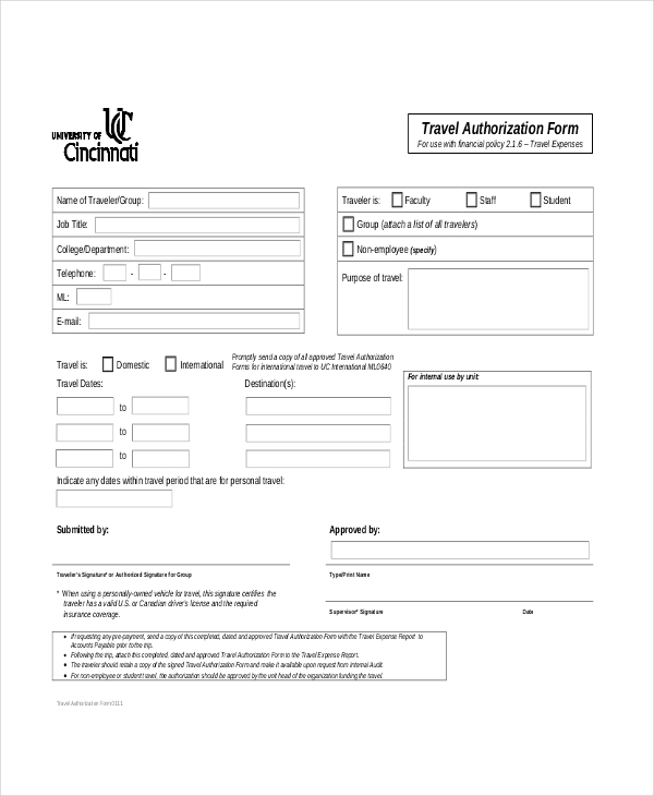 FREE 11 Sample Travel Authorization Forms In PDF MS Word Excel