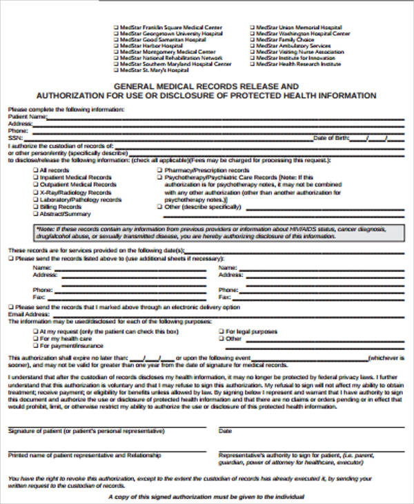 FREE 9 Medical Record Release Form Samples In MS Word PDF