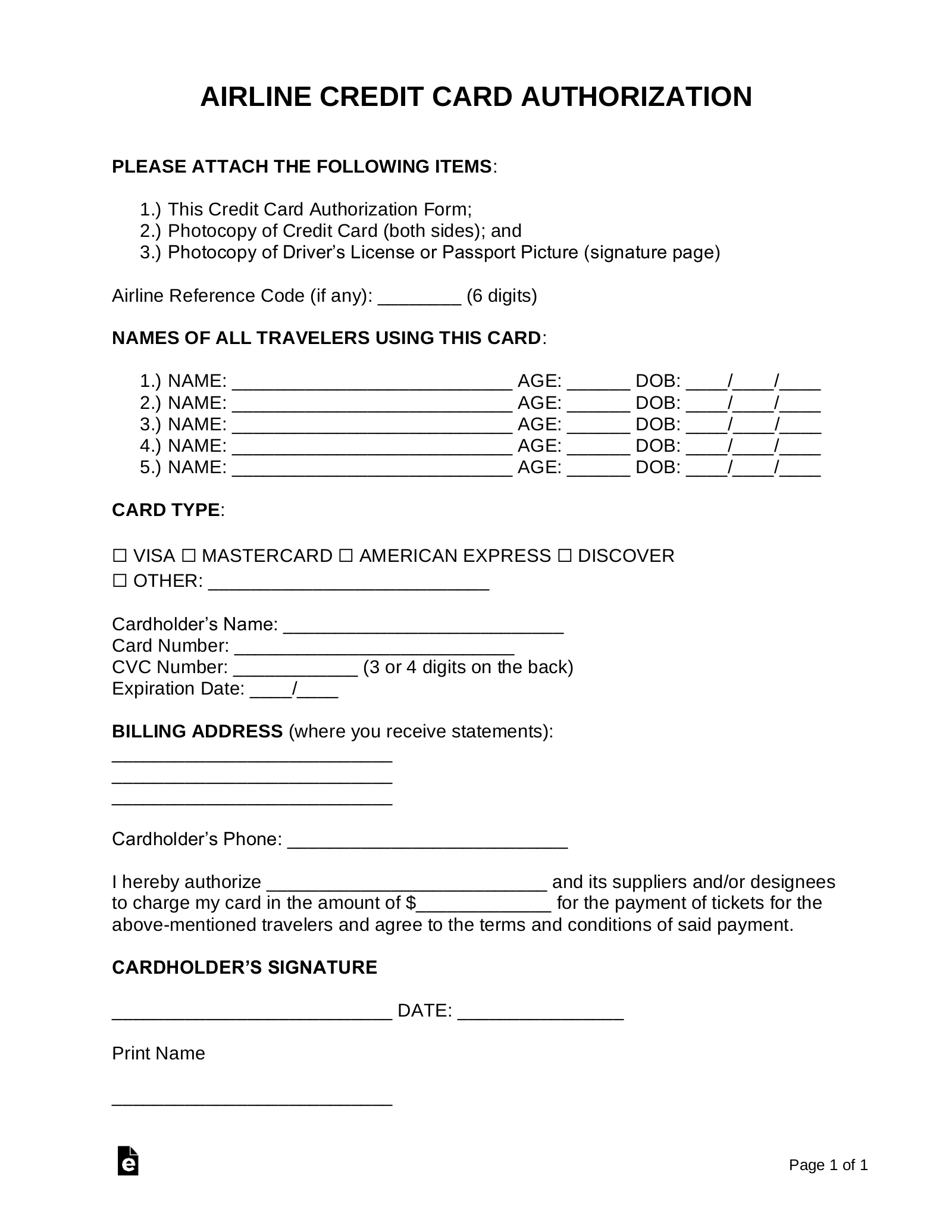 Free Airline Credit Card Authorization Form PDF Word EForms