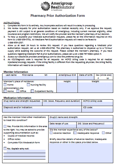 Free Amerigroup Prior Prescription Rx Authorization Form PDF