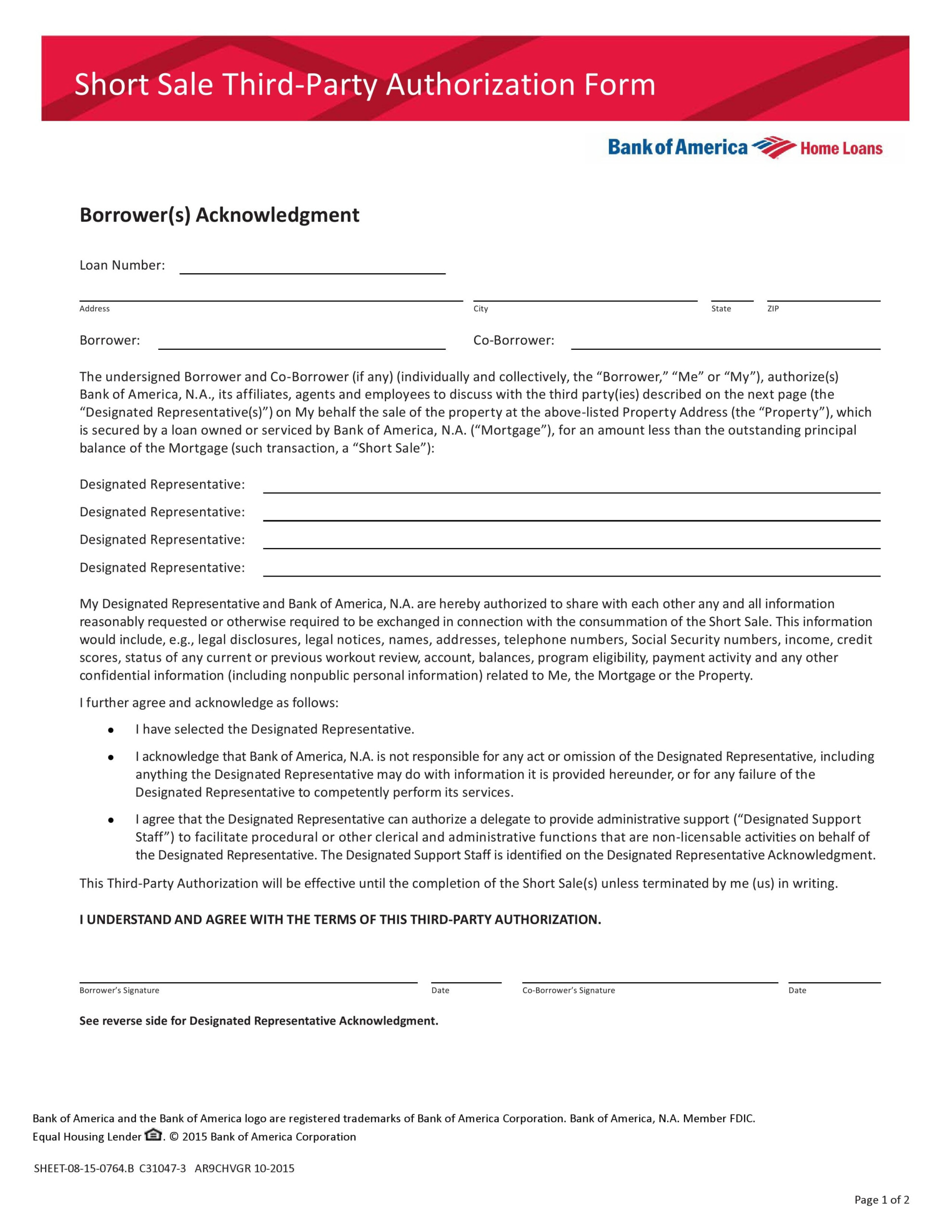 Free Bank Of America Third Party Authorization Form PDF Template 