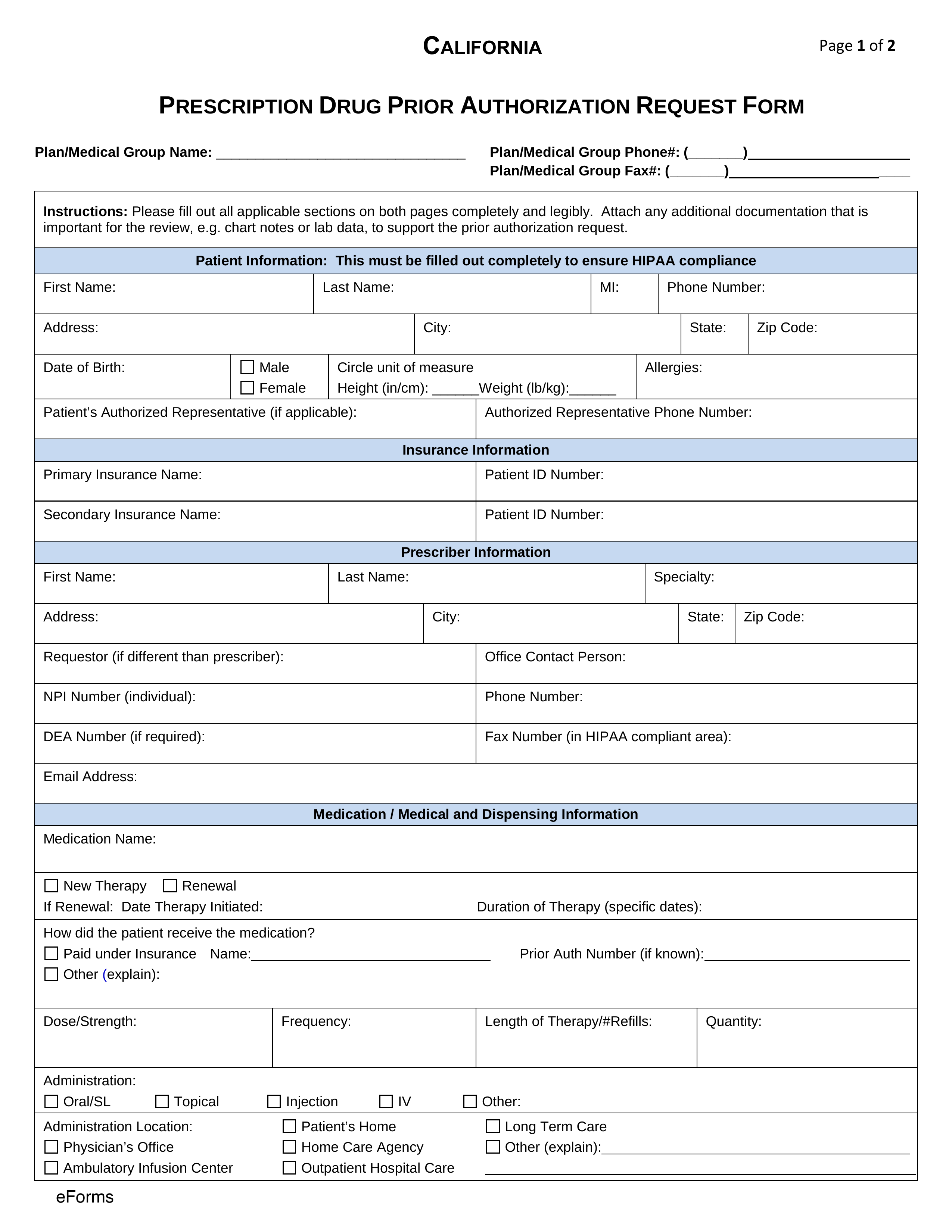 Free California Medicaid Prior Rx Authorization Form PDF EForms