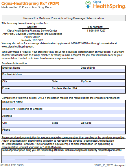 Free CIGNA Healthspring Prior Prescription Rx Authorization Form PDF