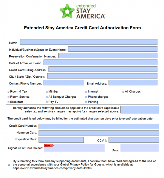 Free Extended Stay America Hotel Credit Card Authorization Form PDF