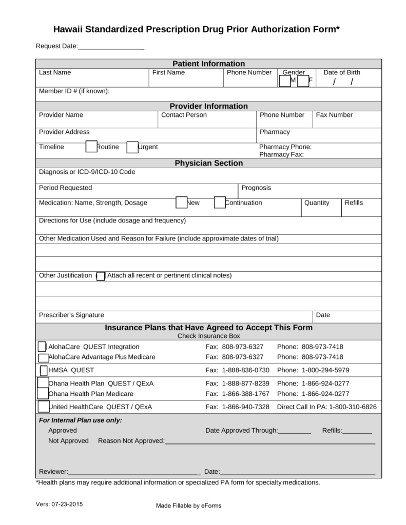 Free Hawaii Medicaid Prior Rx Authorization Form PDF EForms