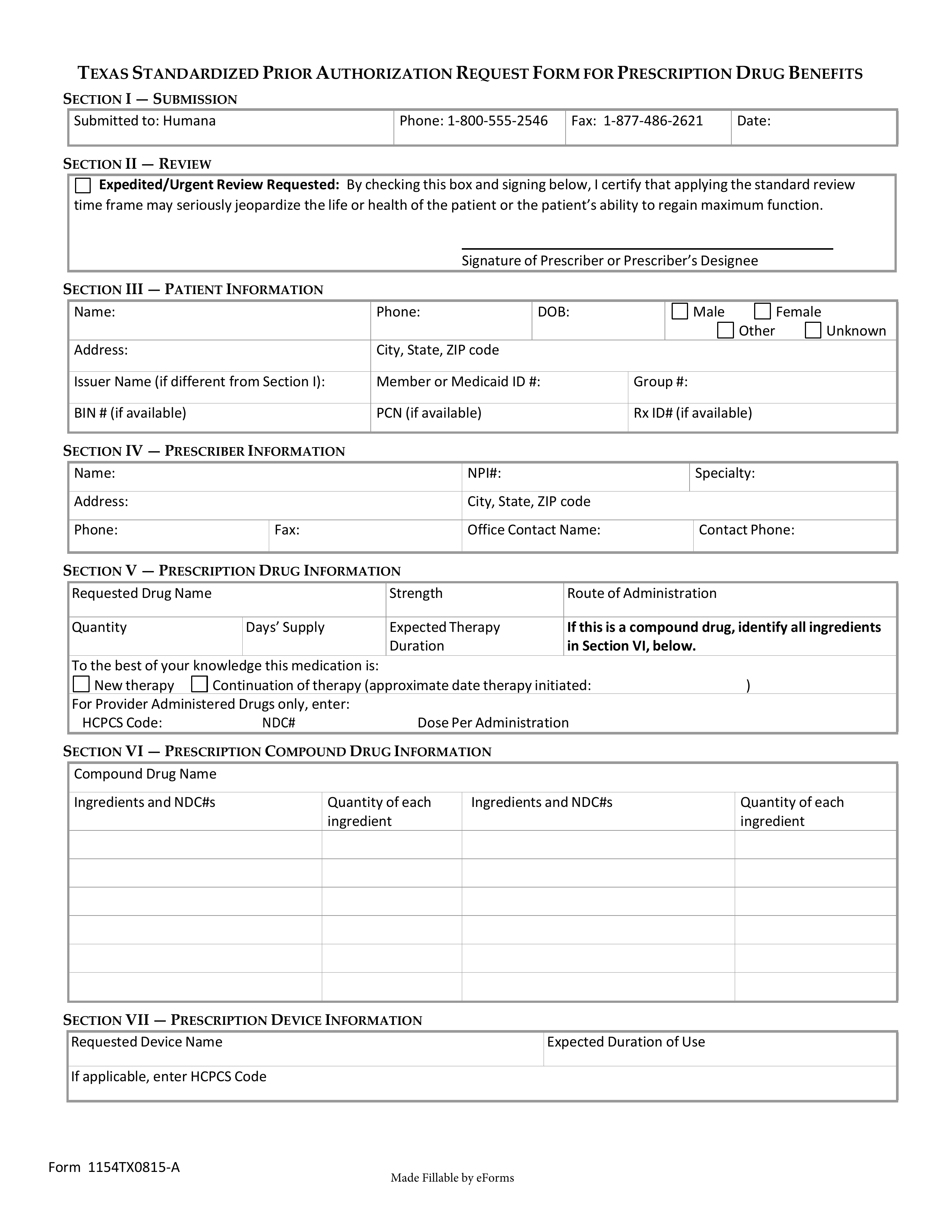 Free Humana Prior Rx Authorization Form PDF EForms