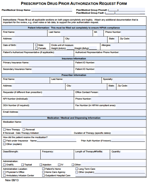 Free Medicaid Prior Prescription Rx Authorization Form PDF