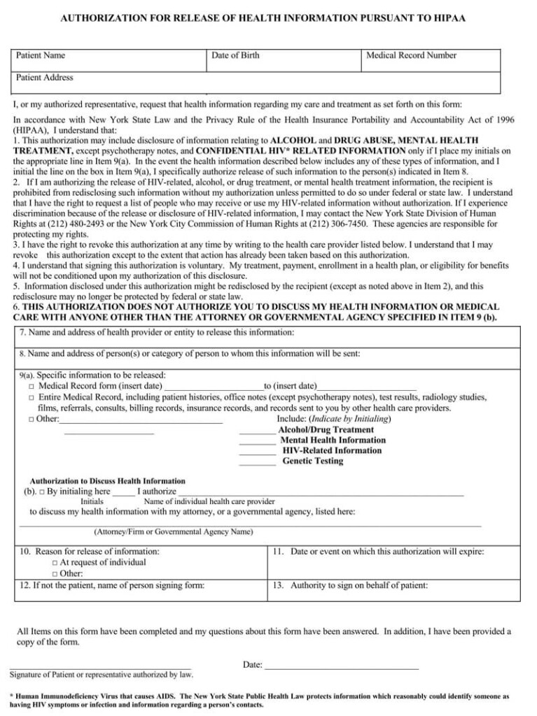 Free Medical Records Release Authorization Forms HIPAA 