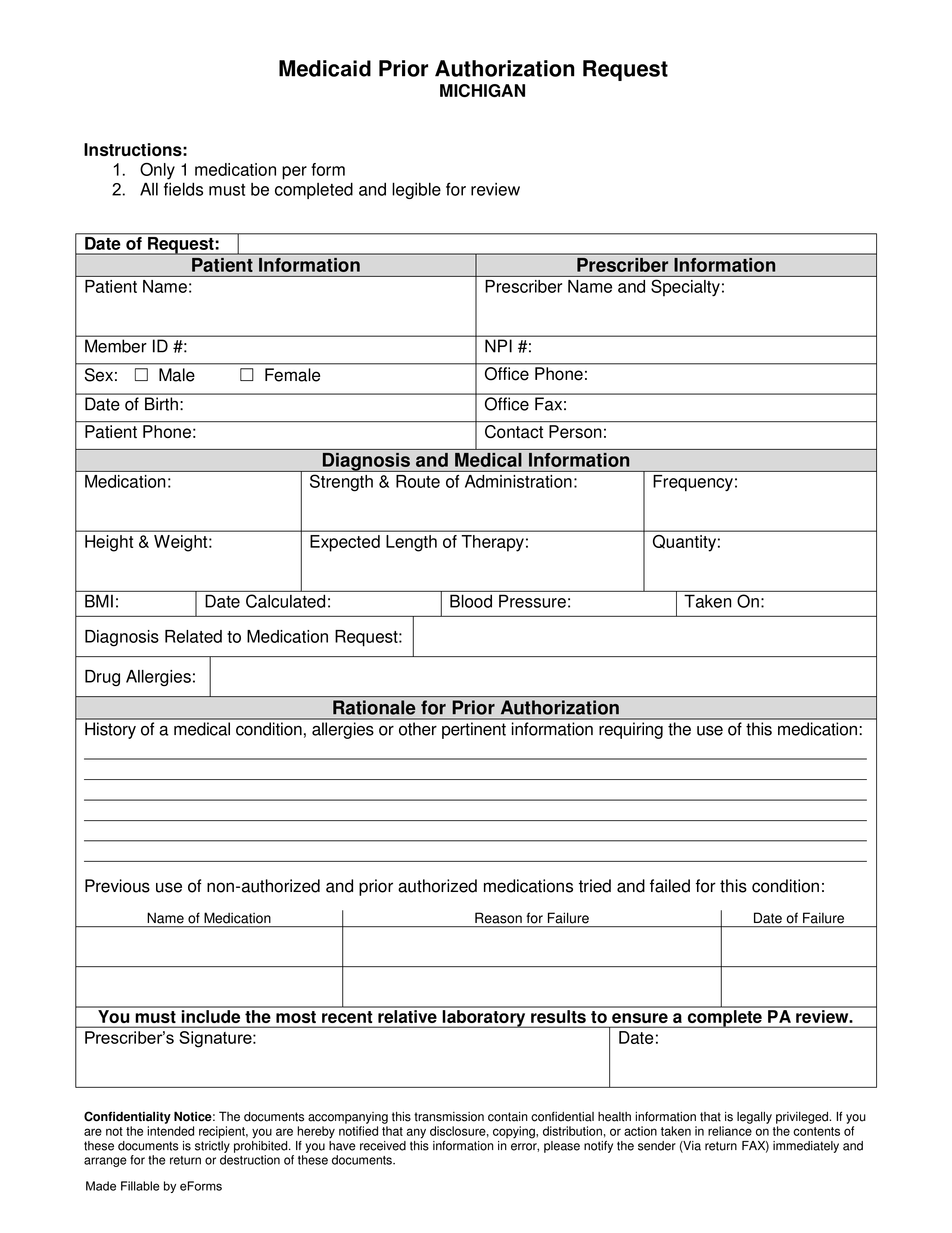 Free Michigan Medicaid Prior Rx Authorization Form PDF EForms