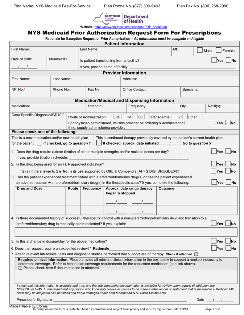 Free New York Medicaid Prior Authorization Form PDF EForms