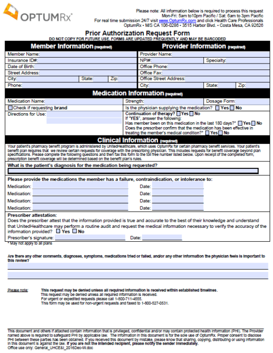 Free OptumRX Prior Prescription Rx Authorization Form PDF