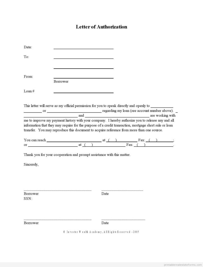 Free Printable Letter Of Authorization Form SHORT SALE