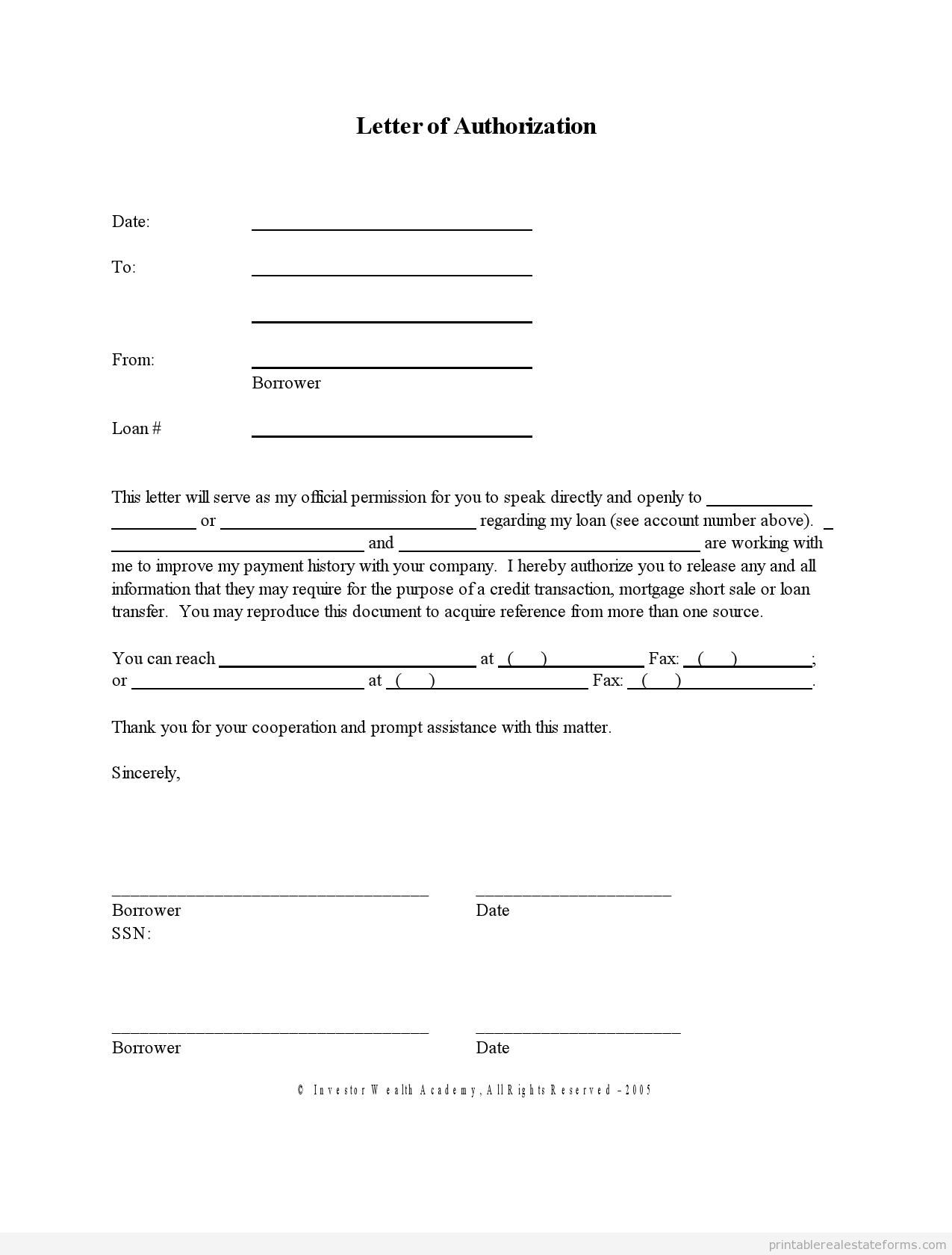 Free Printable Letter Of Authorization Form SHORT SALE