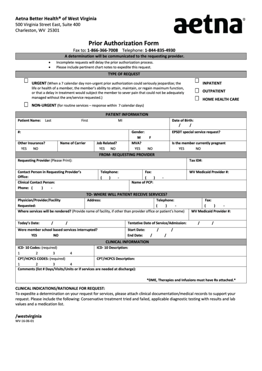 From Wv 16 06 01 Aetna Prior Authorization Form Printable Pdf Download