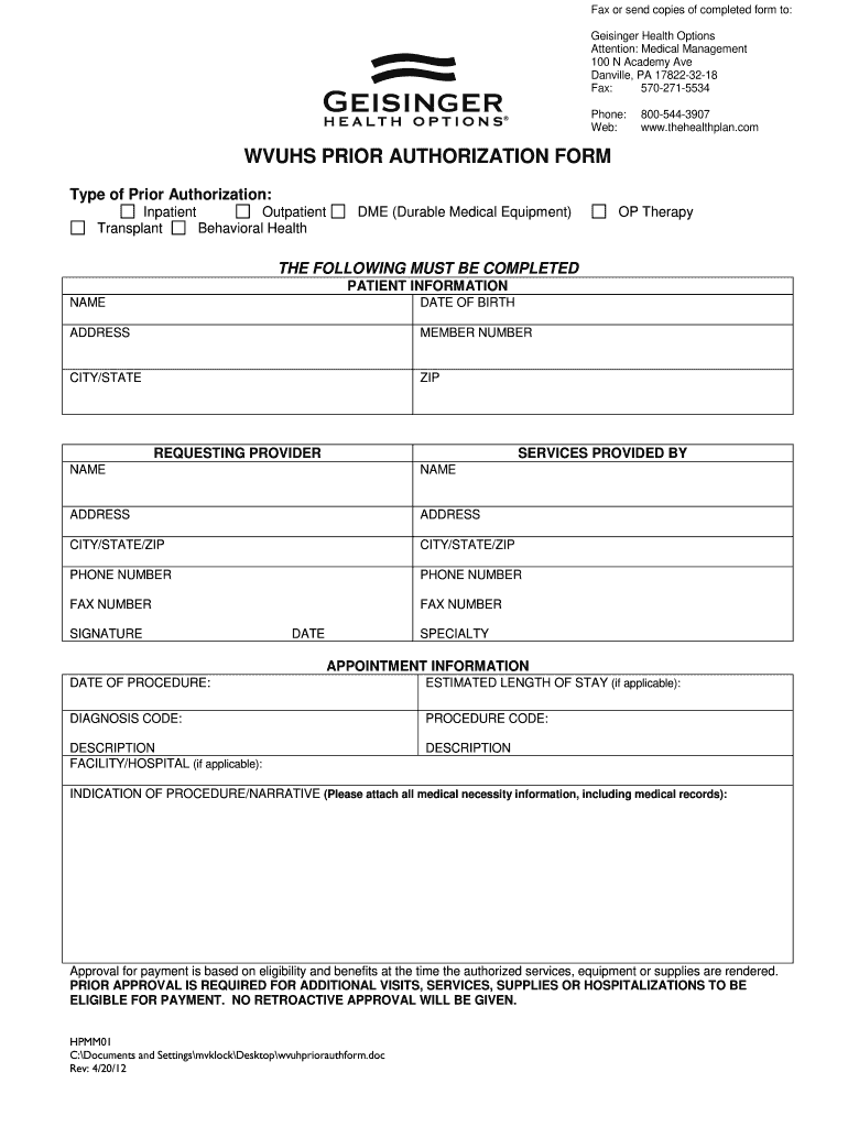 Geisinger Health Plan Prior Authorization Form Fill Out Sign Online 